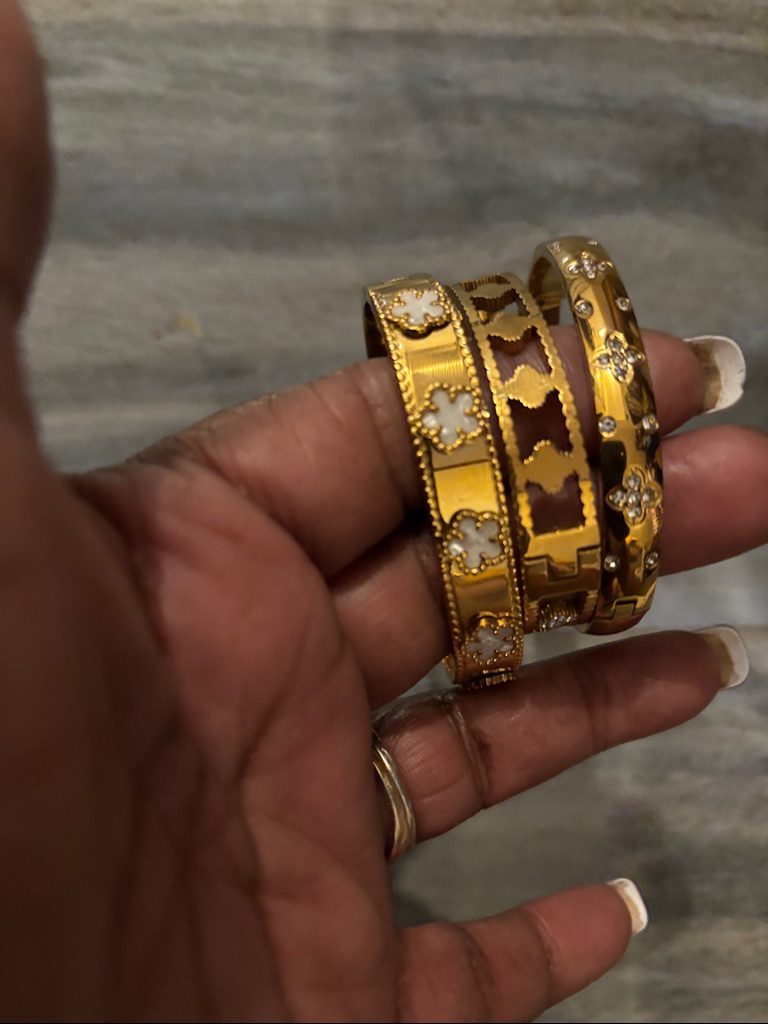 Abella Five Leaf Clover Solid Bangle Stack In Gold And Silver- Bundle Of Three
